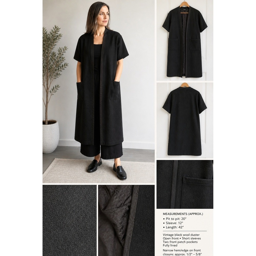 Minimalist Black Wool Duster Coat Open Front Longline Avant Garde Women